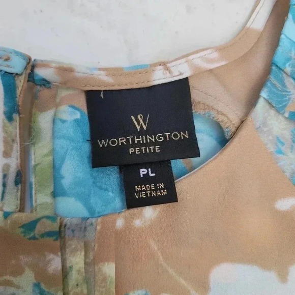 Worthington Womens Short Sleeve Floral Blouse Top Beige Blue Keyhole Petite L PL - Picture 5 of 8